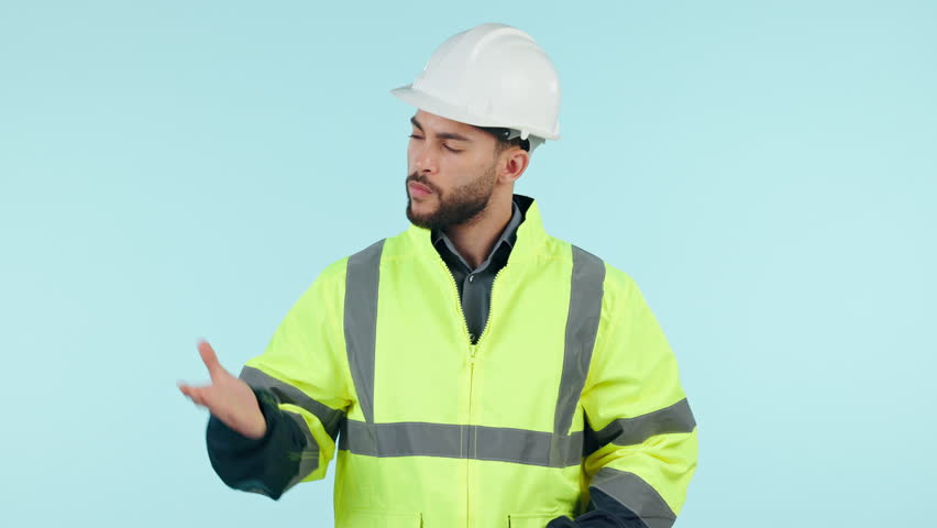 Architect, construction worker and man palm gesture of engineering design comparison, plan or product placement. Logistics portrait, studio and engineer choose, balance or decision on blue background