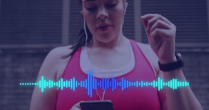Animation of music data processing over plus size caucasian woman exercising in city. Sports, active lifestyle, urban living and happiness concept digitally generated video.