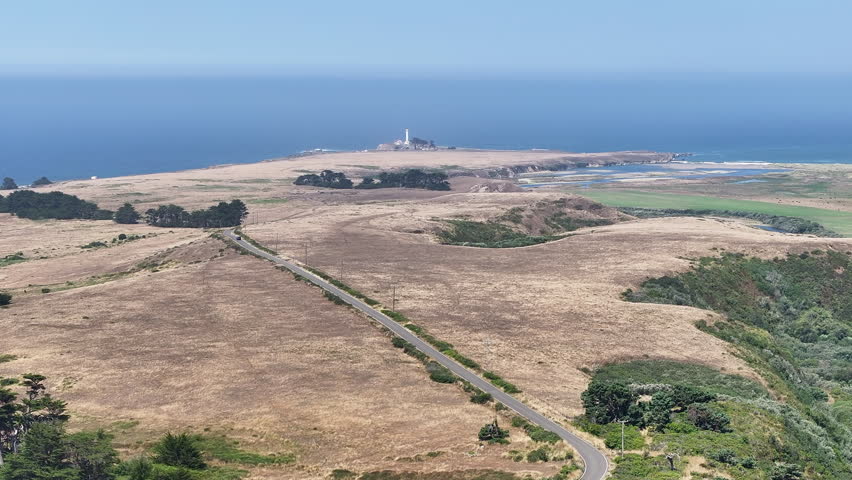 Aerial Point Arena northern California toward lighthouse 1. Pacific Ocean coastal shoreline highway. California State Route 1, Mendocino County. Historic maritime navigation warning. History.