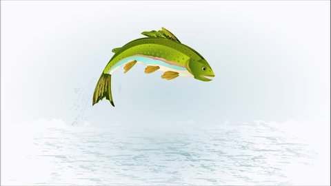 Animation of illustration of a trout fish jumping caught ephemera seamless loop