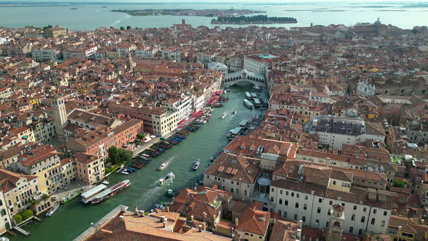 Venice, Aerial view of Rialto bridge crossing the Grand Canal in Venice downtown, Veneto, Italy Royalty-Free Stock Footage #1108627813