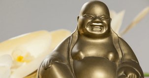 Animation of gold confetti falling over gold buddha statue. Buddhism, religion, tradition and celebration concept digitally generated video.