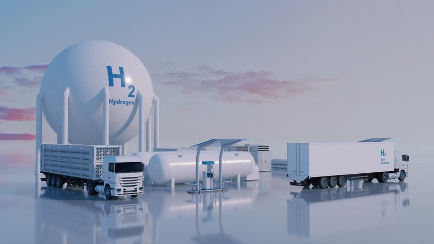 Production of renewable energy based on H2 (hydrogen gas). Environmentally friendly electricity. Storage facilities, dispensers and hydrogen-powered cars are shown. 3d render. Royalty-Free Stock Footage #1108634417
