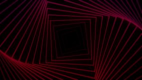 Abstract Visual Loop Background. Glowing Square Shapes Spinning on a Black Background. Looped 3D Animation of a Neon Tunnel with Rotating Square Frames.