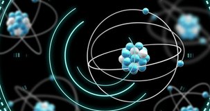 Animation of atom model spinning and data processing on black background. Global science, research, connections, computing and data processing concept digitally generated video.