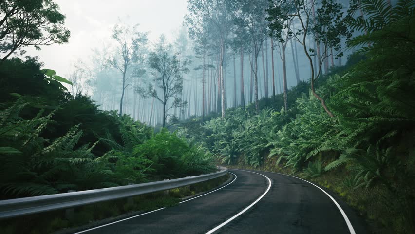 Car driving along a curved road in the forest. Beautiful foggy forest with ferns. Foggy forest with tall trees | Shutterstock HD Video #1108636303