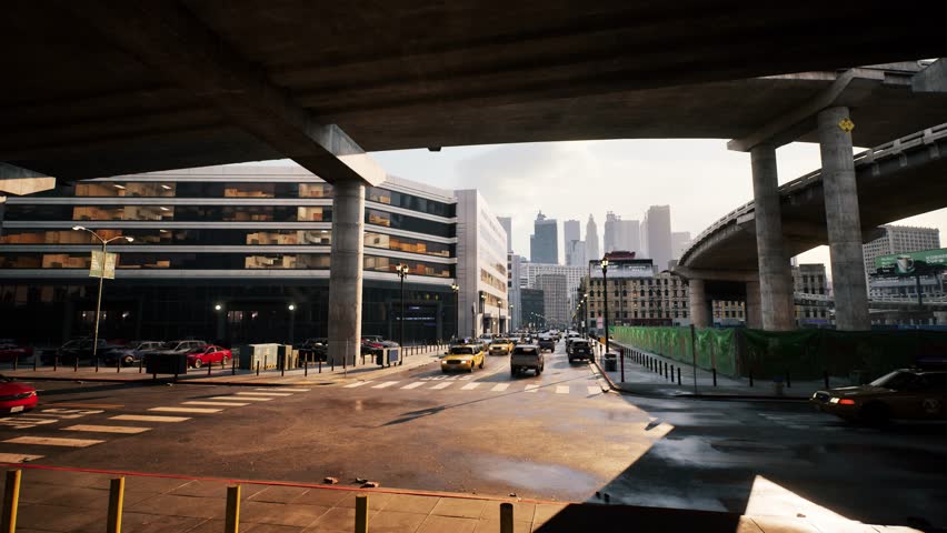 Under the downtown overpass. Urban traffic under overpass. Downtown area with road overpasses | Shutterstock HD Video #1108636307