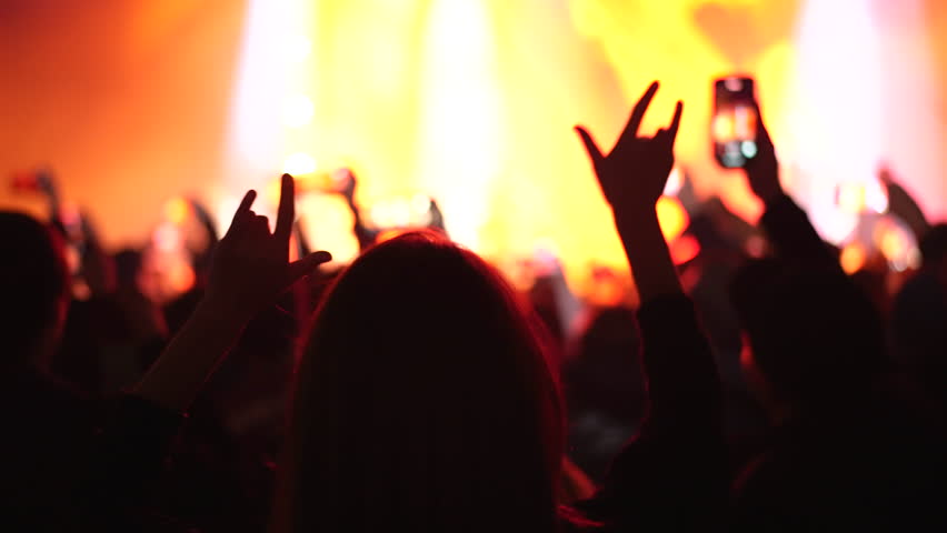 Fun woman show rock n roll gesture. Heavy metal hand up sign. Hip hop live music concert. Cool people hang out dance party. Joy fan chill open air rave fest. Girl enjoy epic disco song Night club life Royalty-Free Stock Footage #1108637623