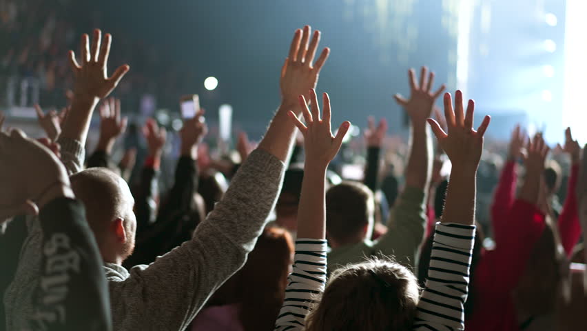 Many joy people raise hands up into sky. Fun live music concert. Sectarians crowd pray god. Lot sect fans follow faith. Holy worship concept. Epic rite open air. Big group lift arms. Huge ritual cults Royalty-Free Stock Footage #1108637649