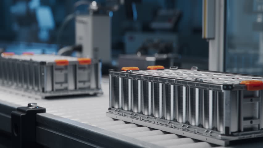 EV Battery Production Factory. Close-up of Lithium-ion High-voltage Battery Components for Electric Vehicle or Hybrid Car on Conveyor Belt. Battery Module for Automotive Industry Production Line.  Royalty-Free Stock Footage #1108637895
