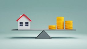 Seesaw house and stack of coins. Decide mortgage, investment, real estate and property concept - close up home model and Piles of gold coins 3d render - Powered by Shutterstock - Get 15% off with code: PIKWIZARD15