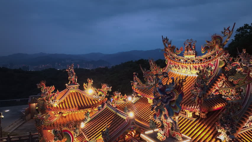 Illuminated Temple At Night In Taipei Mountains, Aerial View, Taiwan