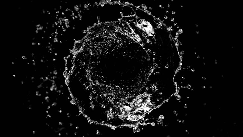 Super Slow Motion of Splashing Water Rotation Isolated on Black Background. Filmed on High Speed Cinema Camera, 1000 fps. Speed Ramp Effect.