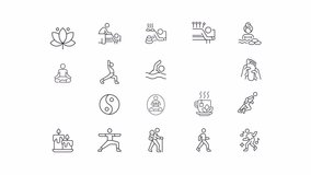 Set of black icon simple animations representing meditation, HD video with transparent background, seamless loop 4K video.