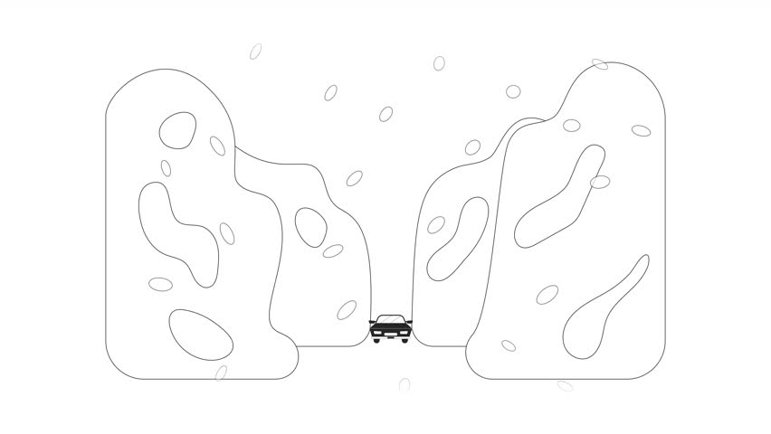 Blizzard natural disaster bw cartoon animation. Winter storm 4K video motion graphic. Snowstorm car riding in snow. Frozen city street 2D monochrome line animated scene isolated on white background