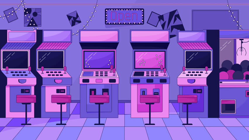 90s retro amusement arcade line cartoon animation. Game machines 4K video motion graphic. Entertainment room 2D linear animated background full frame, after hours aesthetic lofi live wallpaper Royalty-Free Stock Footage #1108645737