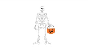 Happy halloween skeleton bw cartoon animation. Spooky dead holding basket 4K video motion graphic. Helloween party adult candy bucket 2D monochrome line animated character isolated on white background