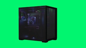The 3D-Rendered black computer case with 4 spectacular Fans and RGB Lighting , This video features a Green background.Greenscreen allows you to automatically remove the background from video or images - Powered by Shutterstock - Get 15% off with code: PIKWIZARD15