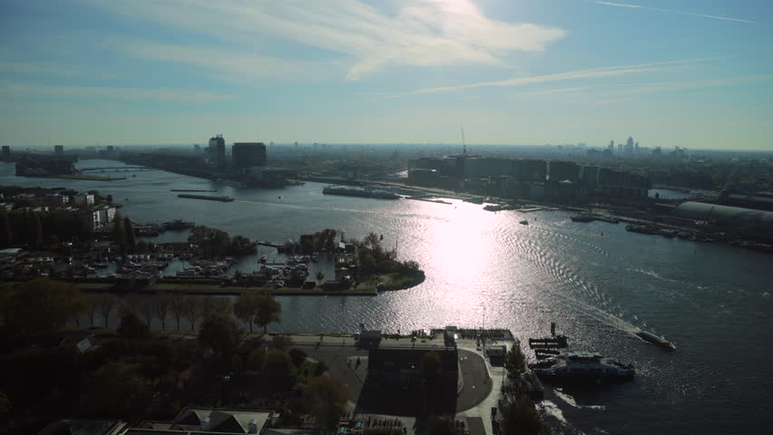 Aerial viewpoint over The River IJ in Amsterdam, The Netherlands