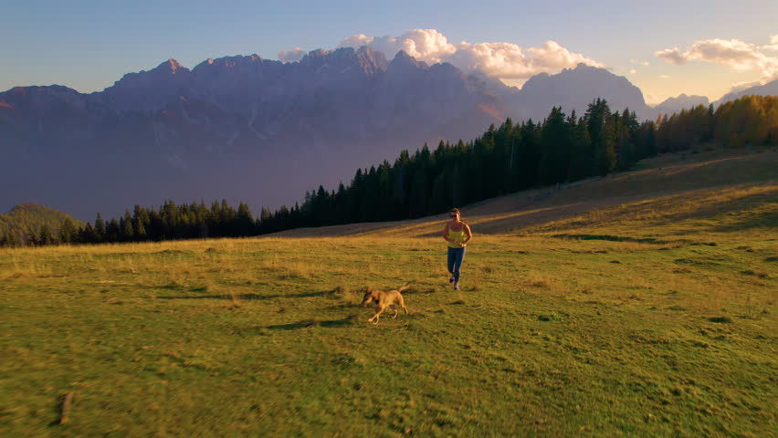 AERIAL: Young woman runs out of breath as she runs with her dog up a meadow hill. Nice autumn day for sport activities in great outdoors. Beautiful sunset light shines over scenic alpine landscape. Royalty-Free Stock Footage #1108655445