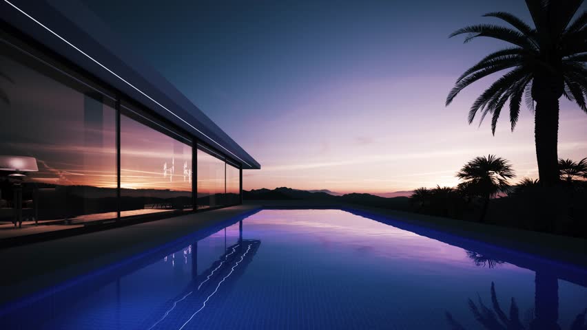 Private modern villa and pool at dusk. Purple clear sky sunset. Colorful sunset at resort pool | Shutterstock HD Video #1108657657