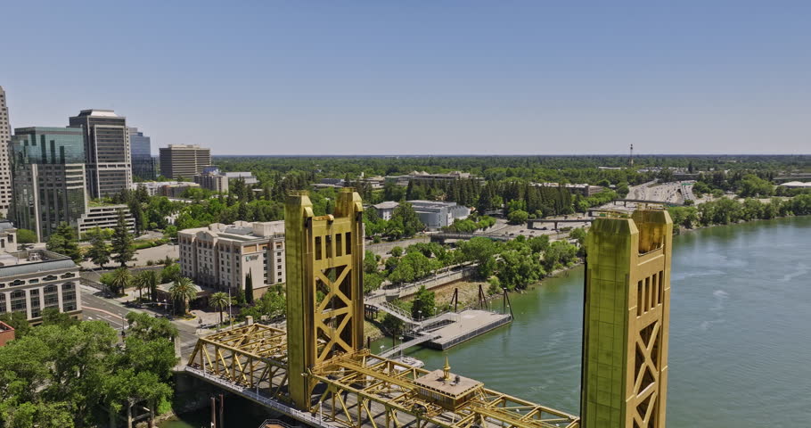 Sacramento City California Aerial v16 low fly around historic art deco tower bridge capturing downtown cityscape of the old town and waterfront ziggurat buildings - Shot with Mavic 3 Cine - June 2022