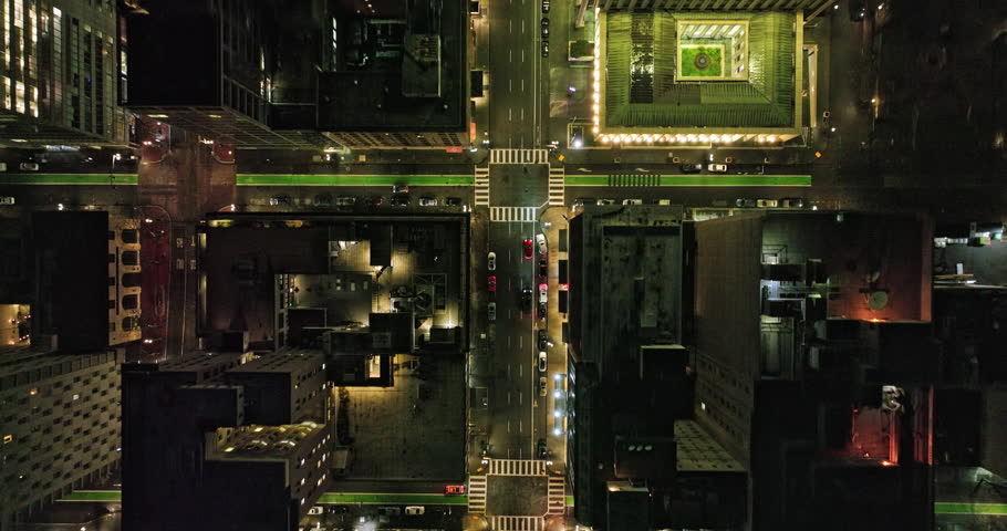 Portland Oregon Aerial v117 cinematic vertical top down view drone flyover along SW Broadway capturing illuminated downtown cityscape at night from above - Shot with Mavic 3 Cine - August 2022