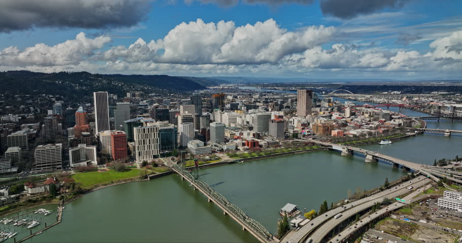 Portland Oregon Aerial v110 flyover Willamette River capturing waterfront downtown cityscape, bridges spanning across the water and hillside views in summer - Shot with Mavic 3 Cine - August 2022