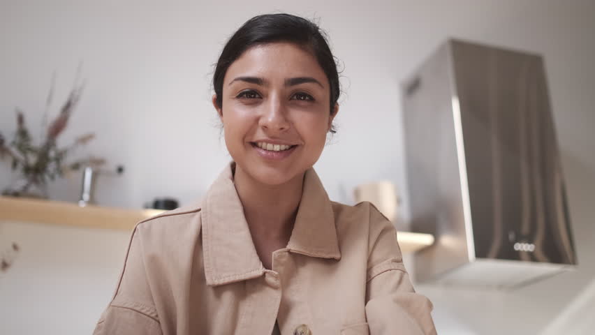 Close up portrait pretty woman. Discussing project online. Group video call. Remote communication of happy multiracial young people. Working from modern home office. Conference talking with teacher 4K