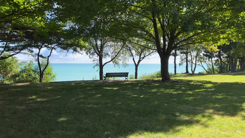 Establishing shot of empty bench beneath the trees in a park overlooking Lake Michigan
