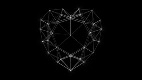 Technology Plexus Heart shaped Diamond from animated lines and dots with flowing particles. HUD, FUI. Looping seamless geometrical backdrop