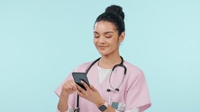 Happy woman, nurse and phone in studio, social media scroll and laughing at meme, post and mockup. Smile, smartphone and medical professional on mobile app for fun video streaming on blue background.