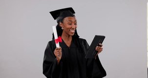 Black woman, graduation and tablet dancing in video call celebration, certificate or winning against a studio background. Happy African person, student or graduate smile for diploma with technology