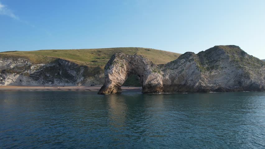 Beautiful View of British Landscape and Sea View of Durdle Door Beach of England Great Britain, UK. Image Was captured with Drone's camera on September 9th, 2023
