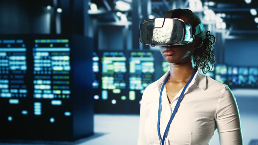 African american certified developer immersed in virtual reality at data center, doing units maintenance. Licensed technician using VR headset to optimize servers performance, checking operations Royalty-Free Stock Footage #1108668591