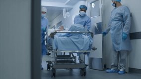 Nurse and paramedic quickly open medical facility corridor doors. Surgeons push stretcher with seriously injured elderly man to operation room. Medical staff work in emergency department. Slow motion. - Powered by Shutterstock - Get 15% off with code: PIKWIZARD15