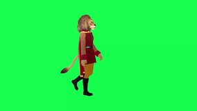 3d animated lion in red dress and cape walking left angle isolated green screen character cartoon cute chroma key background animation