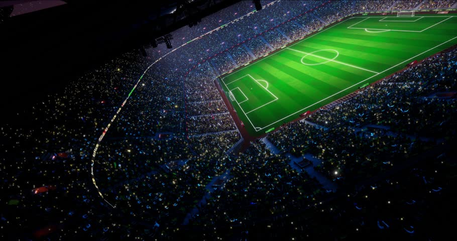 Soccer Stadium arena, blue light lit,  crowd fans, empty playground, photo flashlight. 4k 3d render Royalty-Free Stock Footage #1108680241