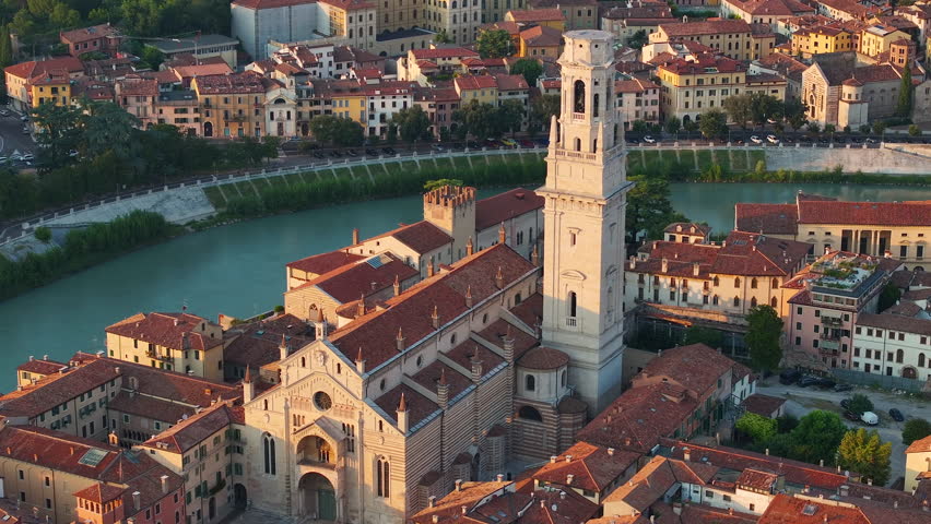 Verona from Above, Duomo di Verona, Cattedrale di Santa Maria Matricolare, City Centre, and Red Roofscapes, Veneto, Italy Royalty-Free Stock Footage #1108681217