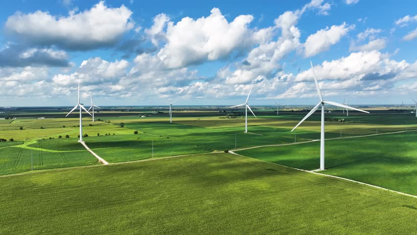 Aerial view of a wind turbine farm in the countryside, Grundy County, Northern Illinois, United States. Royalty-Free Stock Footage #1108682247