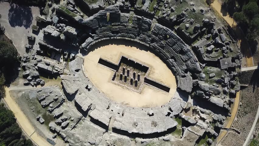 Aerial view of the Conjunto Arqueologico de Italica, an archeological site in Santiponce, Sevilla, Spain