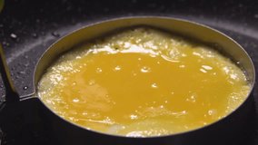 Close-up of an egg yolk sizzling in mold in a frying pan. High quality FullHD footage