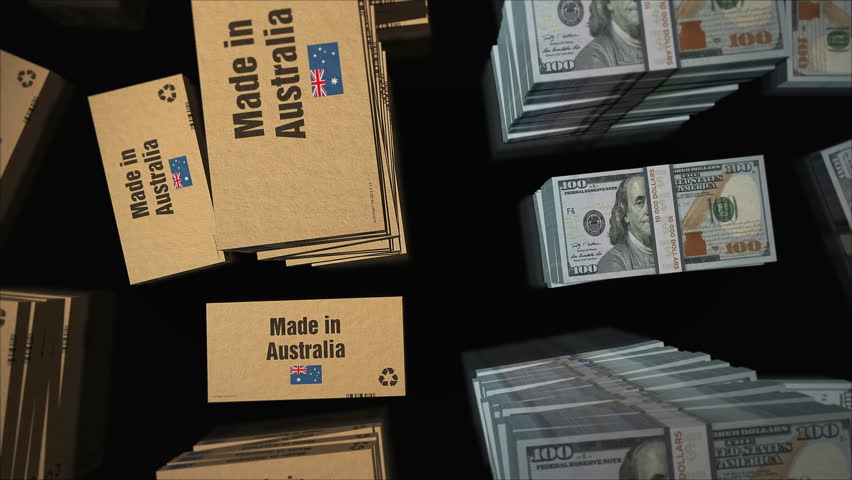 Made in Australia box line vs USA Dollar money bundle stacks. Export, trade, delivery, production, shipping, business and import. Abstract concept 3d loopable seamless animation.