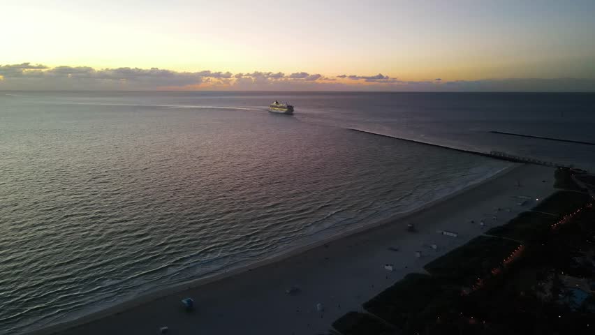Aerial view of a cruise ship approaching Miami Beach, Florida, United States.