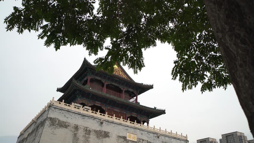 ancient Chinese tower in Tianjin, flying birds