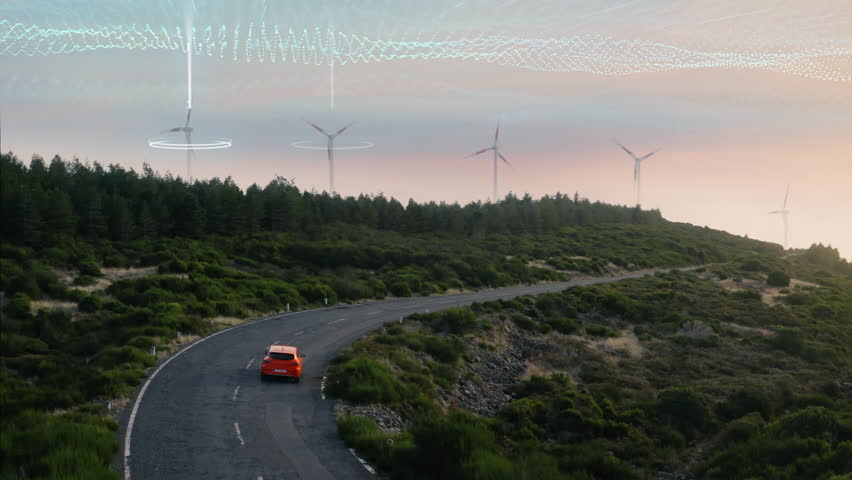 Electric car driving through green landscape with wind turbines in background and 3d vfx animation of electric vehicle charging batteries from wind turbines green renewable energy clean environment Royalty-Free Stock Footage #1108687813