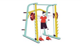 Man doing squats in power rack line cartoon animation. Heavyweight movement. Performing powerlifting 4K video motion graphic. Gym guy 2D linear animated character isolated on white background