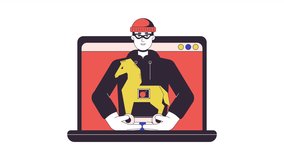 Cyber criminal holding trojan horse on laptop line 2D animation. Spyware penetration on notebook 4K video motion graphic. Hacker attack computer linear animated cartoon flat concept, white background