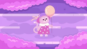 Kawaii cat with balloon watching clouds lo fi animated cartoon background. Cloud gazing kitten in dress lofi aesthetic live wallpaper animation. Color cute chill scene 4K video motion graphic