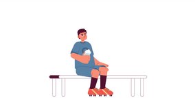 Asian soccer player drinking from water bottle 2D character animation. Break flat cartoon 4K video, Korean sportsman sitting on bench animated person on white background